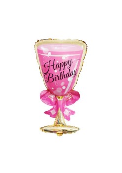 Balon din Folie Metalizata, Flippy, Figurina Pahar de Vin, Tema Aniversare, 93x48 cm, Ambalaj Individual, Pai Inclus, Umflare cu Aer sau Heliu, Roz