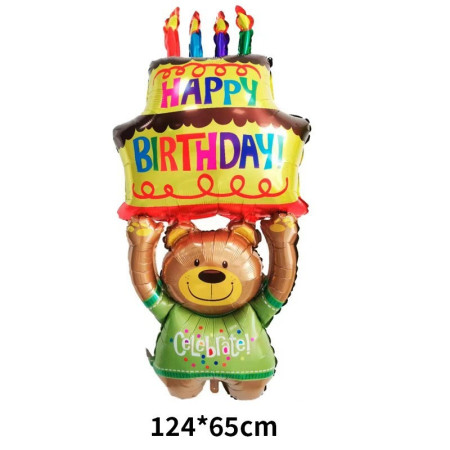 Balon din Folie Metalizata, Flippy, Figurine Animalute, Model Ursulet cu Tort Aniversar, 124x65 cm, Ambalaj Individual, Pai Inclus, Umflare cu Aer sau Heliu, Multicolor