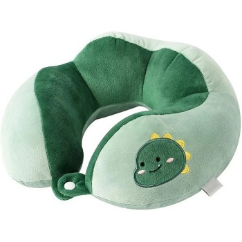 Pernă de Călătorie pentru Gât și Cap, Confort Ergonomic, Umplutură Moale din Bumbac, Model Brodat Dinozaur, 28x28x10 cm, Verde