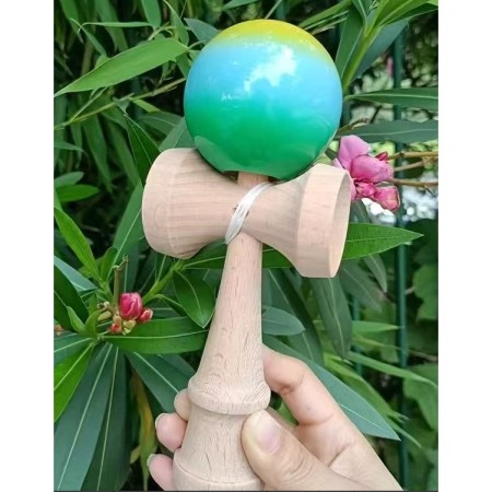 Jucarie Interactiva Kendama, Flippy, din Lemn, 18 cm, Joc de Indemanare pentru Copii si Adulti, Model Gradient 12, Galben/Albastru/Verde