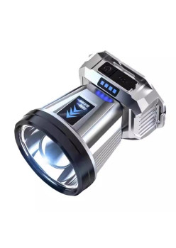 Lanterna Power Bank LED, Flippy, cu Suport pentru Cap, Incarcare USB, Raza 100-200m, 5W, 3 Trepte de Lumina, Afisaj Baterie, Argintiu