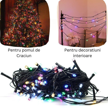 Instalatie de Craciun 8 jocuri de lumini, controler, liniara, 10 m, din care 1 m cablu priza 220V, 100 LED, fir negru, multicolor