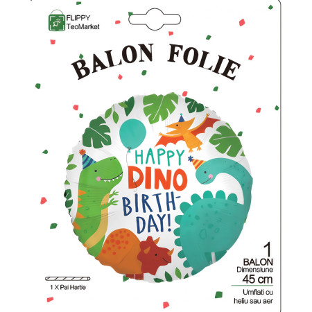 Balon din Folie Metalizata, Flippy, Mini Figurina Rotunda, Model Happy Birthday cu Dinozauri, Tema Aniversare, 45 cm, Ambalaj Individual, Pai inclus, Umflare cu Aer sau Heliu, Multicolor