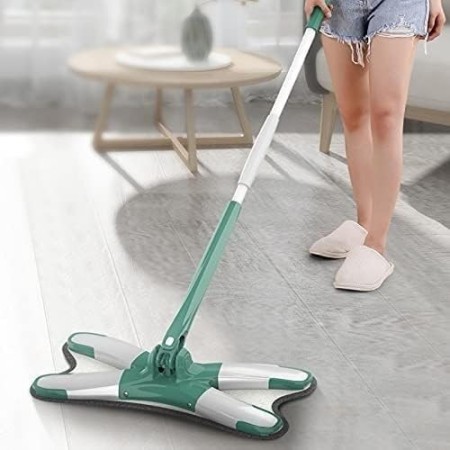 Mop Plat cu Laveta din Microfibra, Flippy, Pentru Uz Casnic, Sistem de Stoarcere X, Tija Telescopica 140 cm, Rotire 360°,38 x 140 cm, Verde