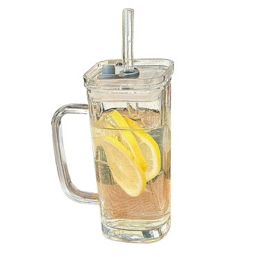 Pahar pentru Racoritoare, Flippy, din Sticla, 330 ml, cu Pai si Maner, Model Clear, Transparent