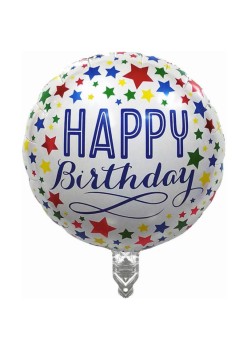 Balon din Folie Metalizata, Flippy, Mini Figurina Rotunda, Model Happy Birthday, Tema Aniversare, 45 cm, Ambalaj Individual, Pai inclus, Umflare cu Aer sau Heliu, Multicolor