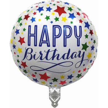 Balon din Folie Metalizata, Flippy, Mini Figurina Rotunda, Model Happy Birthday, Tema Aniversare, 45 cm, Ambalaj Individual, Pai inclus, Umflare cu Aer sau Heliu, Multicolor