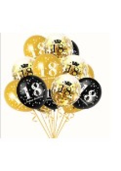 Set 18 Baloane din Latex Metalizate, Flippy, Model Majorat Print 18, Auriu Negru Transparent Confetti, 30 cm