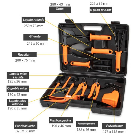 Set 12 Unelte Grădină cu Geantă de Depozitare, Accesorii din Oțel Inoxidabil, 37x27 cm, Mânere Portocalii