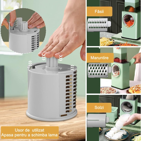 Feliator manual pentru legume Flippy, 3 lame din otel inxodabil, 3 tipuri de feliere, material carcasa ABS, latime maxima feliere 4 mm, baza de tip ventuza, usor si sigur de utilizat, 28.5 x 9,2 x 13.5 cm, verde