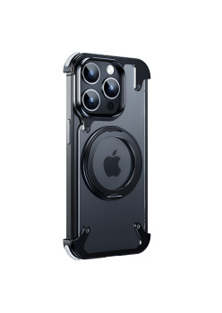 Husa de Protectie Compatibil cu iPhone 15 Pro, Flippy, Incarcare Wireless, Tehnologie Magsafe, Inel Magnetic Rotativ 360 cu Functie de Suport, Rama Metalica, Carcasa din PC, Negru Transparent
