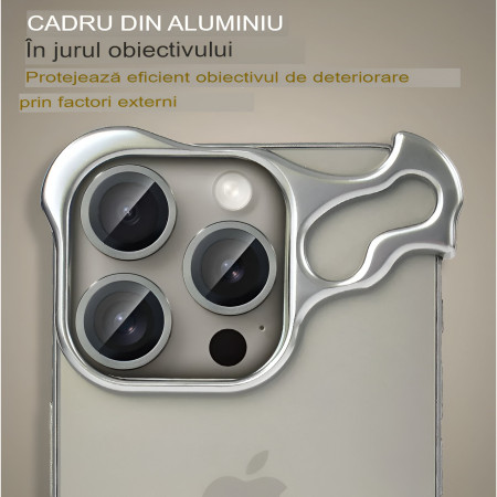 Husa Metalica Compatibila cu iPhone 15 Pro Max, Protectie pentru Colturile Telefonului si Camera, Lentile pentru Obiective, Aliaj, Antisoc, Antizgariere, Argintiu