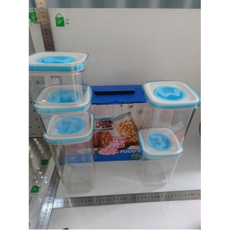 Set 5 cutii depozitare, Flippy, PET, Jar, PP, Silicon, 2000mL, Transparente, Capac alb-albastru