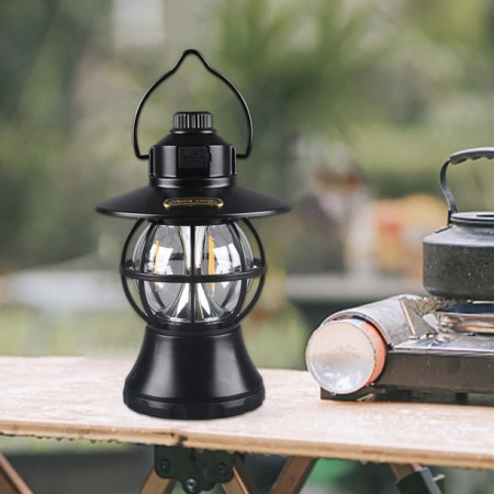 Lampă Camping Retro Portabilă Neagră, Felinar LED Vintage, 1200mAh, Reîncărcabilă, 3 Moduri Iluminare, Intensitate Reglabilă, 20 cm, Cârlig Agățare
