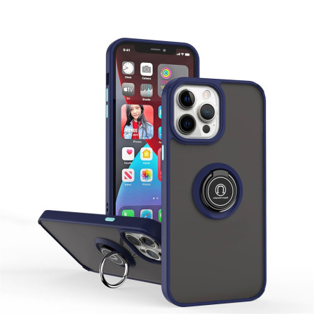 Husa Anti Fall Metal Bracket pentru Apple iPhone 14 Pro, Rezistenta la socuri, Margini colorate, Cu inel de prindere magnetic, Flippy, Albastru