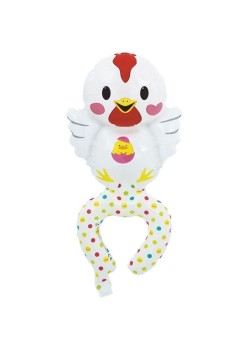 Balon din Folie Metalizata, Flippy, Figurine Animalute, Tip Bratara, Model Gaina, Ambalaj Individual, Pai Inclus, Umflare cu Aer sau Heliu, Alb