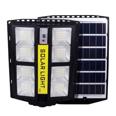 Lampa solara stradala Flippy, cu telecomanda, senzor de miscare si lumina, suport prindere, 720 LED-uri, IP65, ABS, 15AH, 500W, temperatura culoare 6500K, 44.5x34.7x6.6 cm, autonomie 10-12 ore, negru