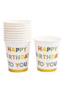 Set 10 Pahare, Flippy, Imprimeu Happy Birthday to You, din Carton, 250 ml, 7.5 x 8.5 x 5.2 cm, Multicolor