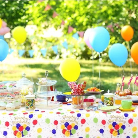 Fata de Masa, Flippy, din PEVA, Imprimeu Happy Birthday cu Baloane, 137 x 274 cm, Impermeabila, Fara Pete, Curatare Rapida, Multicolor
