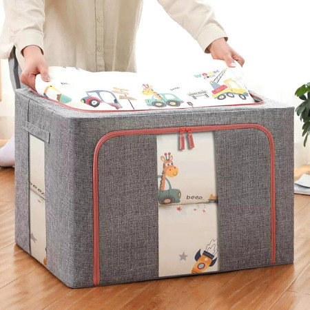 Cutie de Depozitare Pliabilă, 100L, Textil, Cadru Metalic, Bază Stabilă, Fermoar, Două Ferestre de Vizualizare, 60x42x40 cm, Gri