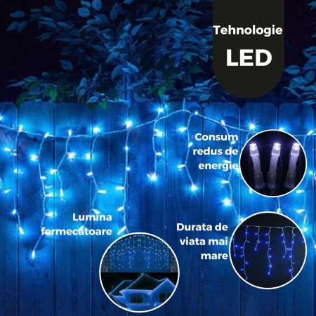 Instalatie Craciun Tip Franjuri/Turturi, 8 Jocuri de Lumini, Interconectabila, 4 m, 120 LED-uri, Prelungitor 1.5 m, Fir transparent, Albastru