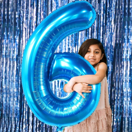 Balon din Folie Metalizata Flippy, Figurina Cifra, Tema Aniversare 40 cm, Ambalaj Individual, Pai inclus, Umflare cu Aer sau Heliu, Albastru, Cifra 6