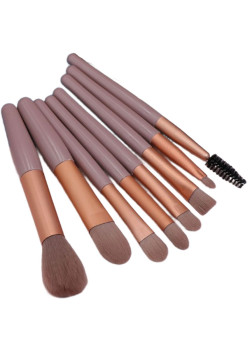 Mini Set Portabil 8 Pensule pentru Machiaj Flippy, Super Soft, Makeup Profesional/Incepatori, Maner Ergonomic, Gentuta Depozitare Inclusa, Maro