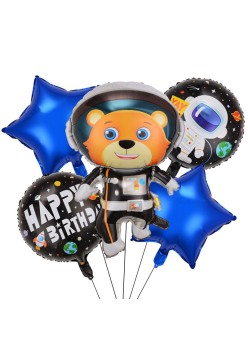 Set 5 baloane din folie metalizata HAPPY BIRTHDAY, Flippy, Figurina Model Ursuletul Spatial, Stelute Albastre, Adeziv si pai incluse, 78 x 45cm, Multicolor