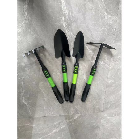 Set 4 Unelte de Grădină din PVC Carbon, 43x11 cm, Plantare și Îngrijire, Negru/Verde – Greblă, Săpăligă, 2 Lopeți
