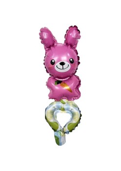 Balon din Folie Metalizata, Flippy, Figurine Animalute, Tip Bratara, Model Iepuras, Ambalaj Individual, Pai Inclus, Umflare cu Aer sau Heliu, Roz