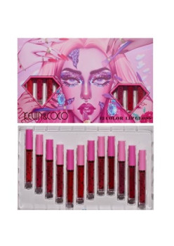 Set 12 Lip Gloss Kevin&Coco, nuante de rosu si rose, cutie dreptunghiulara, 26.5x16.5x2.2 cm, 200 g, multicolor