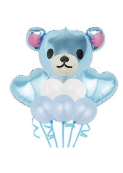 Set Baloane Aniversare, Flippy, set din 8 bucati, 1 bucata urs mare, 2 inimi folie, 5 simple din latex Baby Boy, 60 cm Albastru