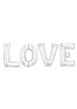 Set 4 Baloane din Folie Metalizata, Flippy, Figurine Litere, Model Scris Love, Tema Iubire, 80 cm, Ambalaj Individual, Pai Inclus, Umflare cu Aer sau Heliu, Argintiu