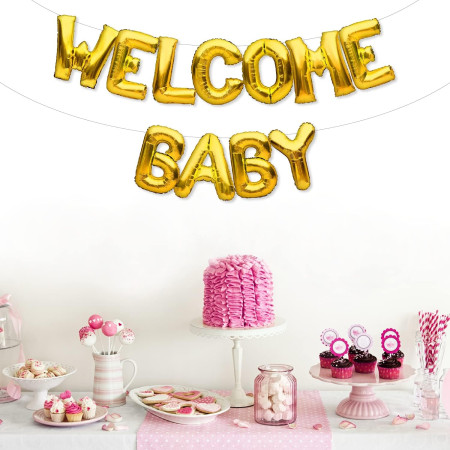 Set Baloane din Folie Metalizata, Flippy, Model Welcome Baby, Litere de 40 cm, Baloane Party, Ambalaj Individual, Pai, Ata si Adeziv Incluse, Umflare cu Aer sau Heliu, Auriu