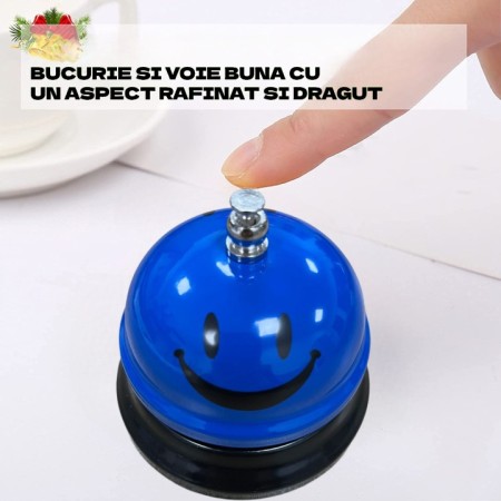 Clopotel Metalic Multifunctional, Flippy, Albastru cu Imprimeu Smiley Face, 7.5x7.5x6.5 cm, Receptie, Restaurant, Cafenele