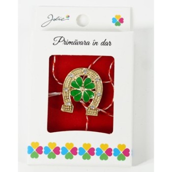 Martisor Brosa Mica in Cutie, Dimensiune Brosa 2.5-3 cm, Material Metal, Model Potcoava cu Trifoi