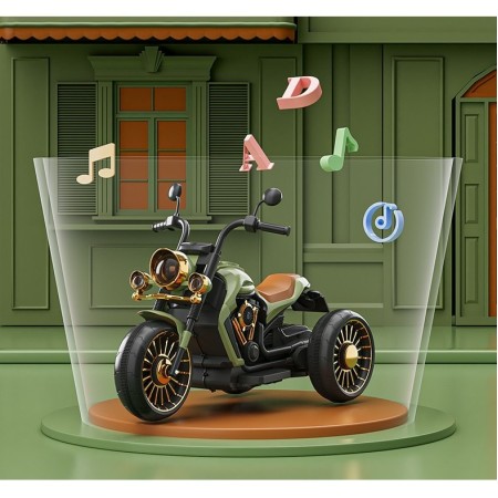 Tricicleta Electrica pentru Copii, Flippy, cu 2 Acumulatoare 380*2, 6V 4.5, Telecomanda, Bluetooth, Sistem Anti-Rasturnare, Sistem de Lumini si Sunet, 6-8 Ani, 93 x 48 x 63 cm, Verde Negru