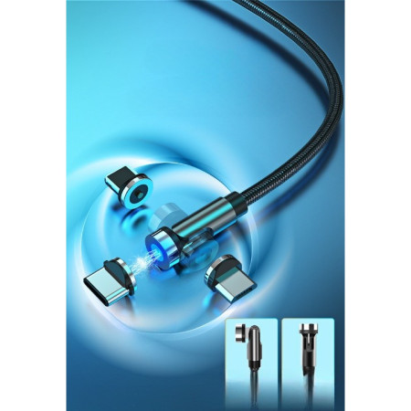 Cablu de incarcare magnetic 3 in 1 360 grade + 180 grade, 1 m, micro, type C, iPhone,  5 V, 2.1 A, Negru