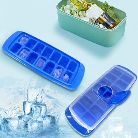 Forma pentru gheata cu capac, plastic alimentar, orificiu umplere, 29.5 x 12.5 x4 cm, 14 cuburi, Albastru