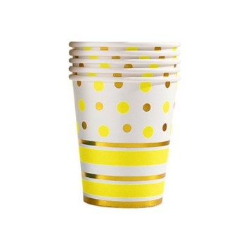 Set 10 Pahare, Flippy, Imprimeu cu Buline si Dungi, din Carton, 250 ml, 7.5 x 8.5 x 5.2 cm, Galben/Auriu