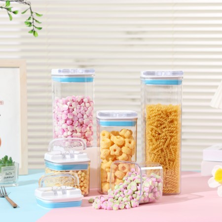 Cutii de Depozitare Alimente, Flippy, Set din 6 Cutii de tip Container, 2x0.5 l, 2x0.8 l, 2x1.2 l, Recipiente pentru Cereale in Bucatarie,  Transparente cu Capac Albastru-Alb