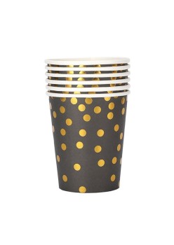 Set 10 Pahare, Flippy, Imprimeu cu Buline, din Carton, 250 ml, 7 x 8.5 x 5 cm, Negru/Auriu