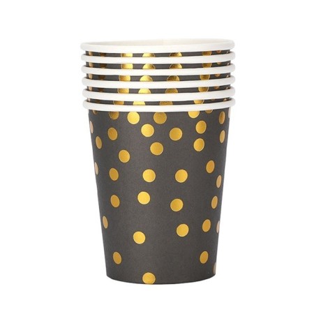 Set 10 Pahare, Flippy, Imprimeu cu Buline, din Carton, 250 ml, 7 x 8.5 x 5 cm, Negru/Auriu