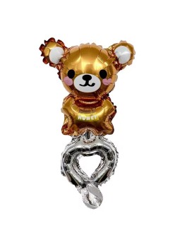 Balon din Folie Metalizata, Flippy, Figurine Animalute, Tip Bratara, Model Ursulet, Ambalaj Individual, Pai Inclus, Umflare cu Aer sau Heliu, Maro