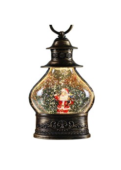 Decoratiune de Craciun tip Felinar, Flippy, Glob de Cristal cu Fulgi de Zapada, Model Mos Craciun, Ornamentat cu Luminite Interioare, 14.5 x 9 x 3 cm, Rama Neagra, Transparent