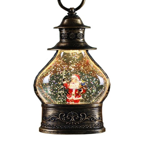 Decoratiune de Craciun tip Felinar, Flippy, Glob de Cristal cu Fulgi de Zapada, Model Mos Craciun, Ornamentat cu Luminite Interioare, 14.5 x 9 x 3 cm, Rama Neagra, Transparent
