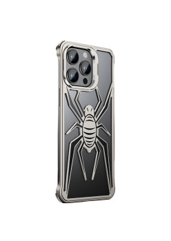 Husa de Protectie Compatibila iPhone 15 Pro Max, cu Suport Metalic pentru Camera, Armor Protective Series, Flippy, Antisoc, Protectie de Metal pe Margini, Model Paianjen, Negru Gri