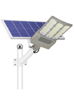 Lampa solara stradala Flippy, pentru curte sau strada, cu trei grile, finisaj mat, rezistent la apa, montare prin fixare, senzor lumina, baterie de litiu, IP65, lumina rece, putere 1000W, autonomie 10 ore, 55 x 23 x 9 cm, gri