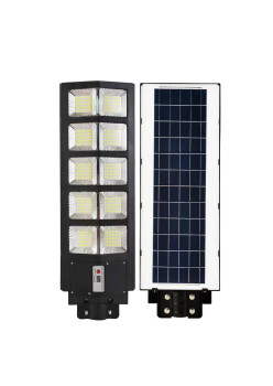 Lampa solara stradala Flippy, cu telecomanda, senzor de miscare si lumina, suport prindere, 225 LED-uri, IP65, ABS, 15AH, 300W, temperatura culoare 6500K, 69.5x24.3x6.8 cm, autonomie 10-12 ore, negru