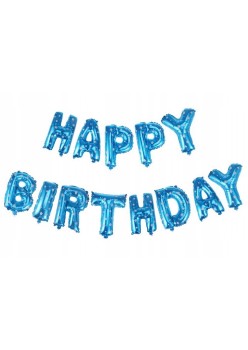 Set Baloane din Folie Metalizata, Flippy, Model Happy Birthday, Litere de 40 cm, Baloane Party, Ambalaj Individual, Pai, Ata si Adeziv Incluse, Umflare cu Aer sau Heliu, Albastru